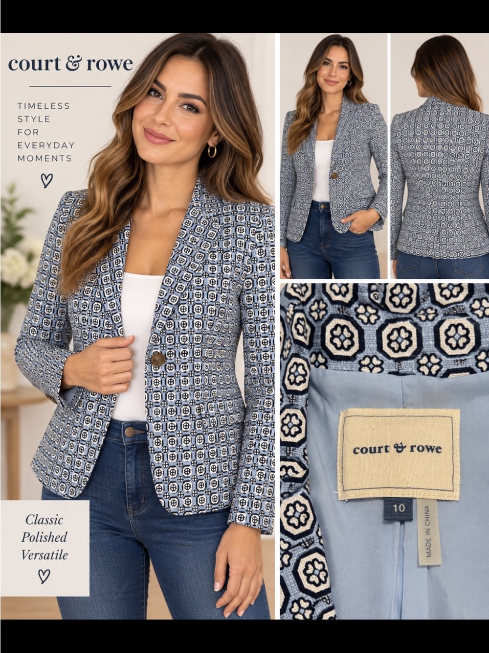 COURT & ROWE Navy and Light Blue Geometric Single-Button Blazer # 327